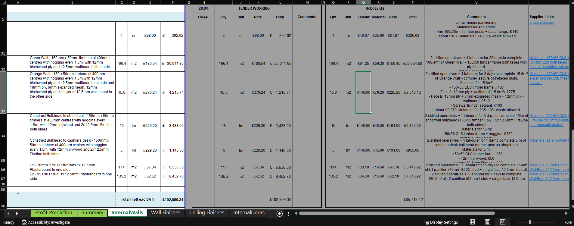 Sample structured Excel pricing schedule showing labour, material and rate build-up with subcontractor comparison